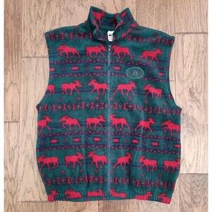 Vtg Cityscape Size XL Moose Fleece Vest Red Green Alaska Patch Canada Made Zip